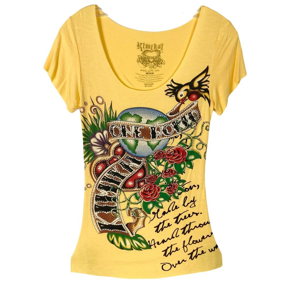 NWOT KIMIKAL Top M Graphic Rhinestones Bird Floral Writing Yellow Cut Out Back